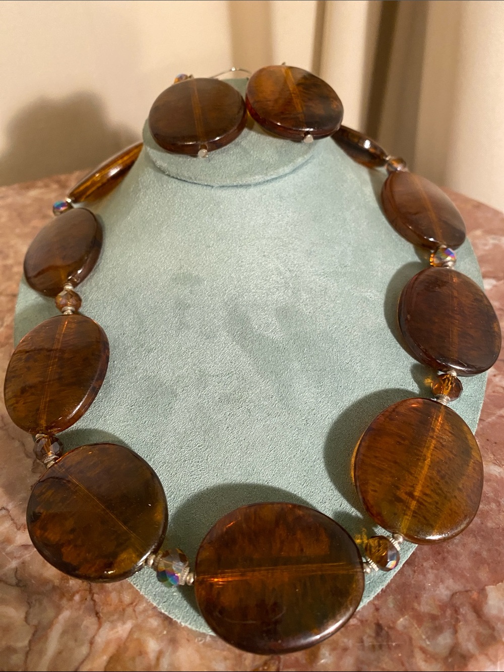 Amber Brown Color Oversized Oval Statement Necklace – Drop Earring Set